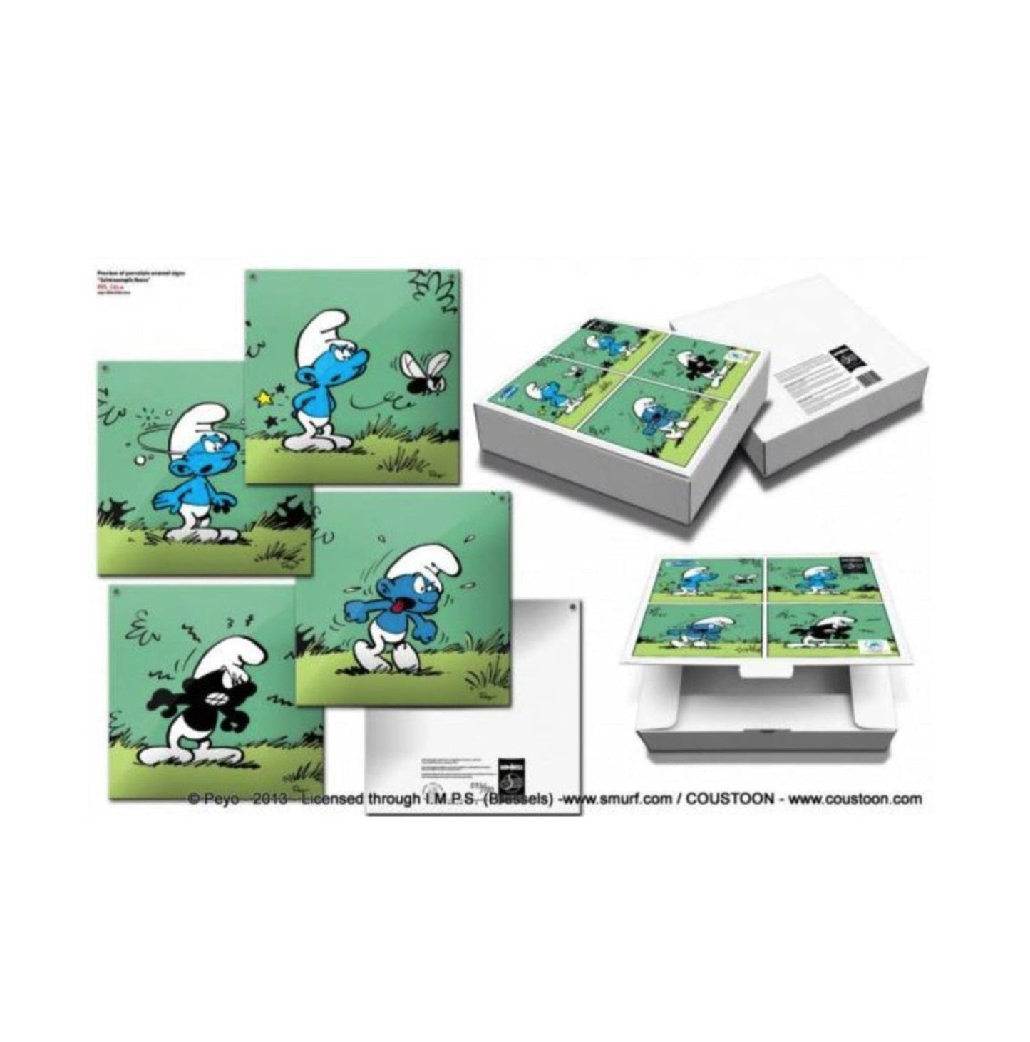 Coustoon Peyo schtroumpf - les Schtroumpfs noirs - 4 plaques émaillées bombées 30 X 30 cm