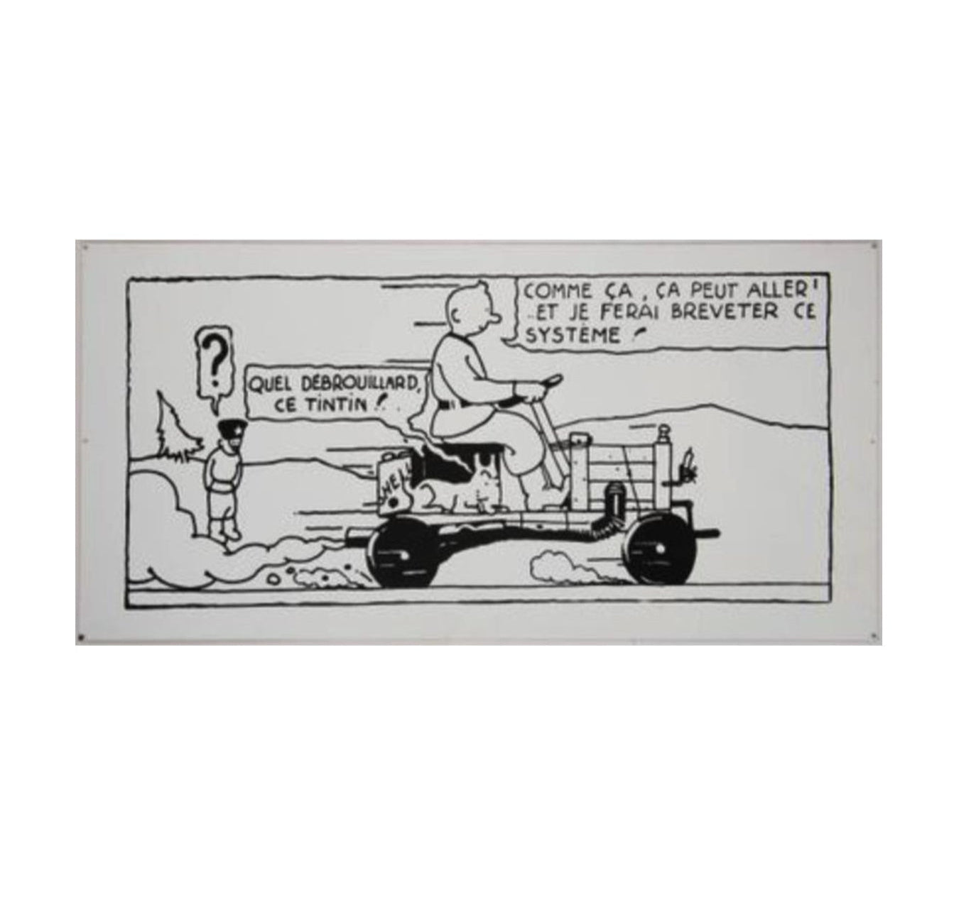 Emaillerie Inter-Media - Tintin enamel plate black and white artisanal car - 100 cm * 50 cm