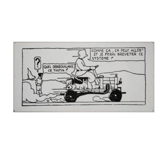 Emaillerie Inter-Media - Plaque émaillée Tintin voiture artisanale noir et blanc - 100 cm * 50 cm